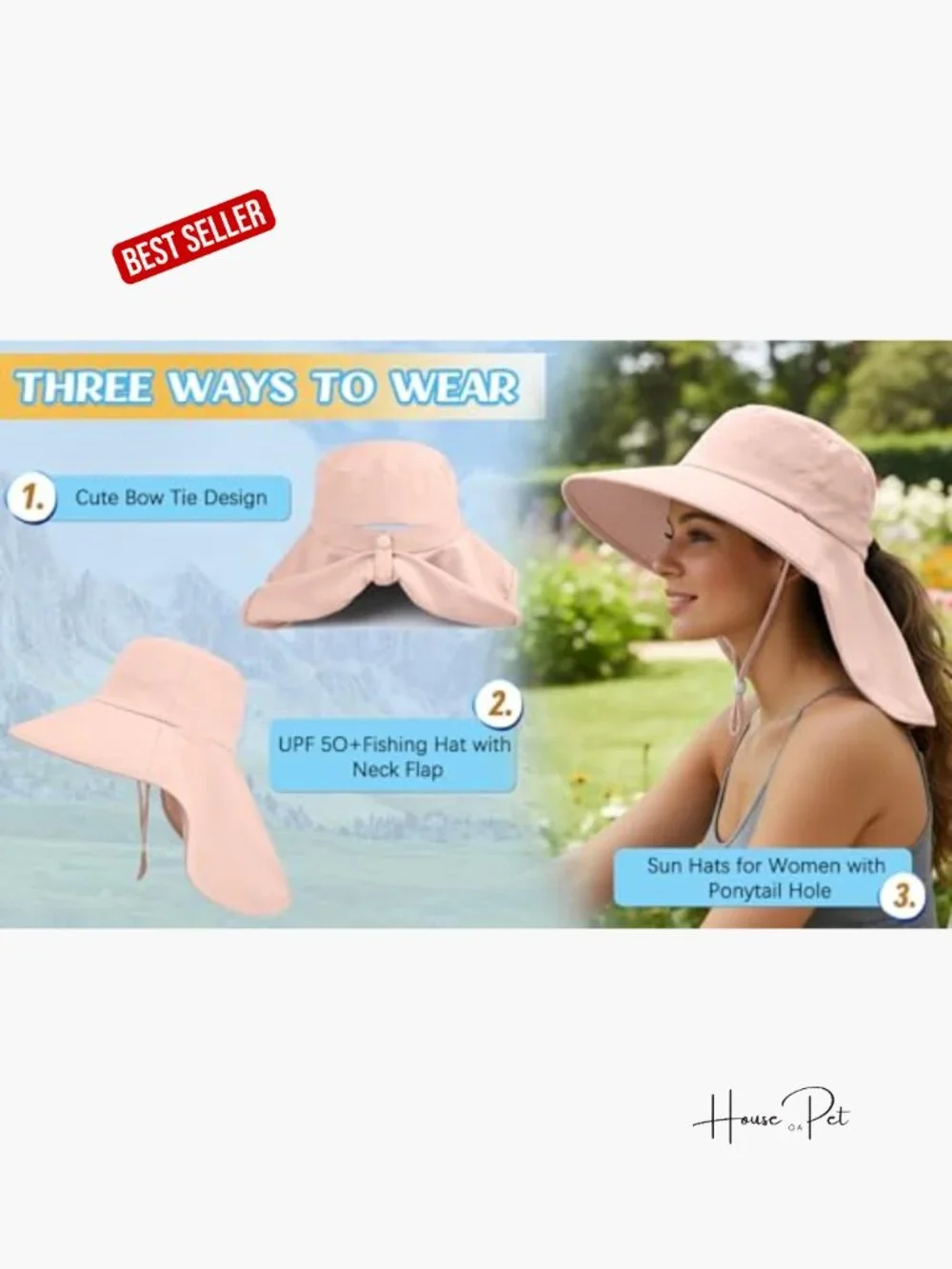 Women Sun Hat with Neck Flap Ponytail Hole UPF 50+ Wide Brim Rollable Hiking - Picture 6 of 7